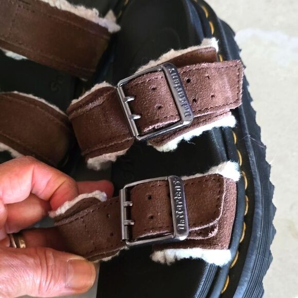 Dr Martens Myles Fur Lined Buckle Slide Sandals in Brown Suede Womens/ki… - Picture 3 of 8